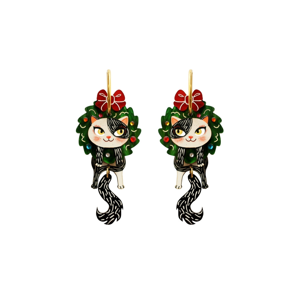 Cat in A Christmas Wreath Earrings by Laliblue – Retro Statement Jewelry Laliblue