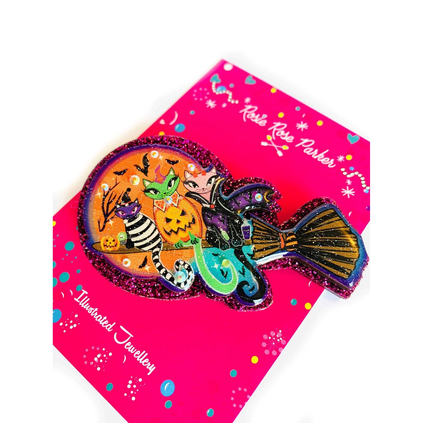 Cats on a Broomstick Brooch by Rosie Rose Parker