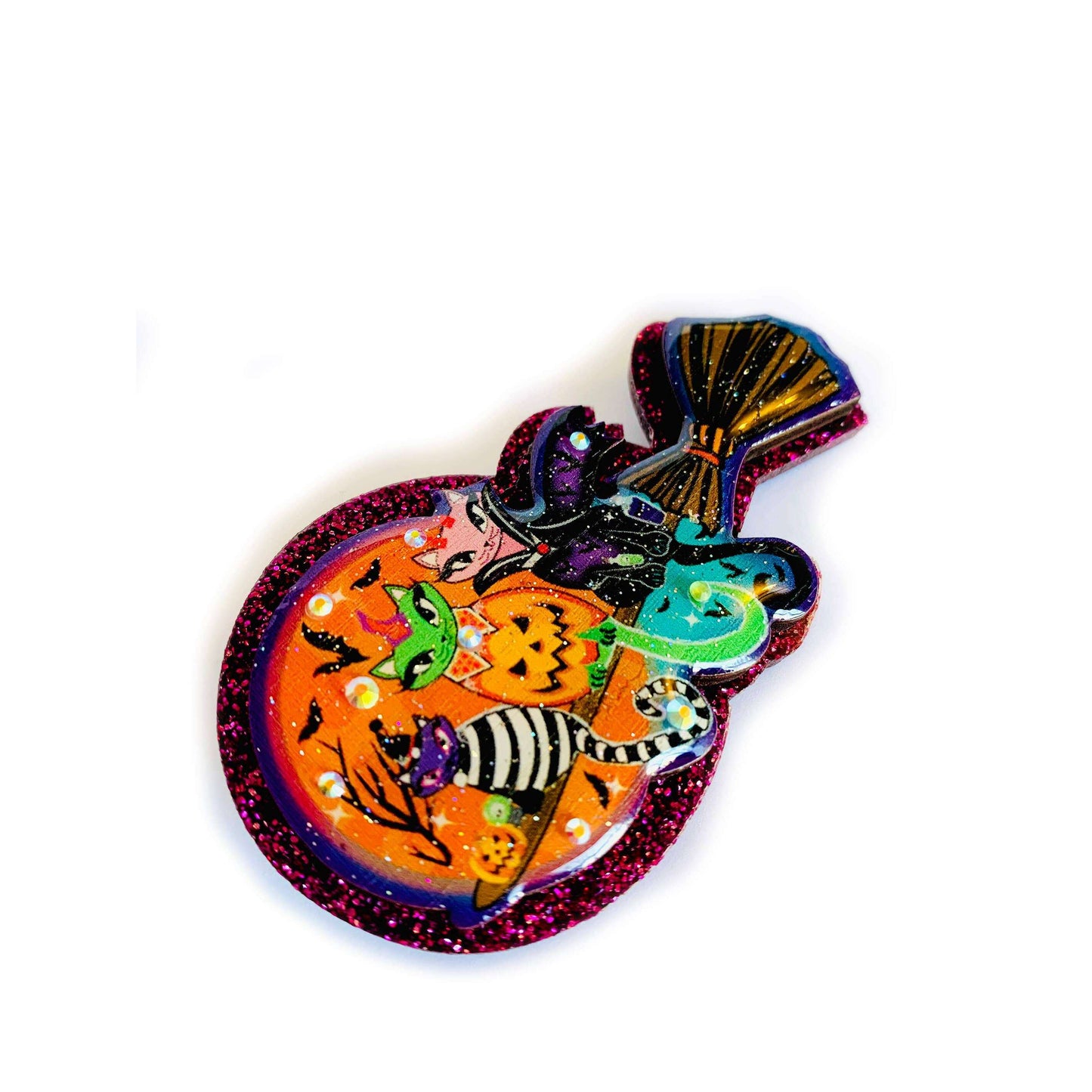 Cats on a Broomstick Brooch by Rosie Rose Parker