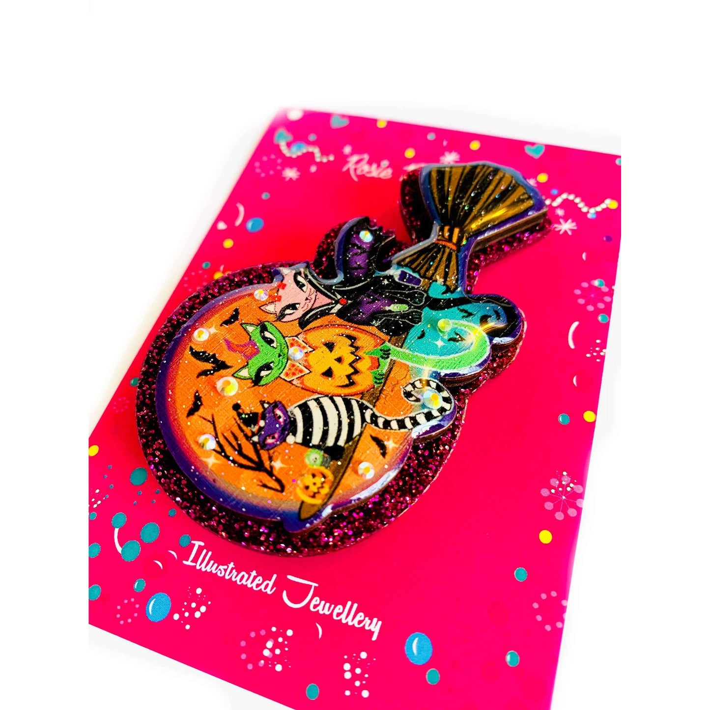 Cats on a Broomstick Brooch by Rosie Rose Parker