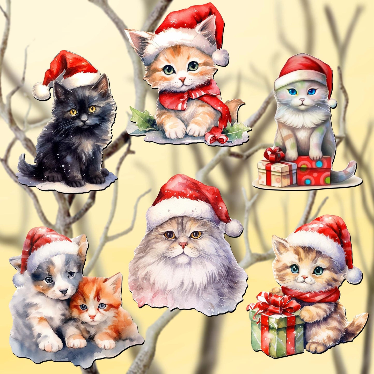 Christmas Cats Clip-On Eco Wood Decorative Ornaments Set of 6 by G. Debrekht - Christmas Decor - 8090016C-S6