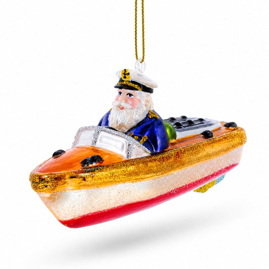 Captain Santa on a Boat Glass Christmas Ornament