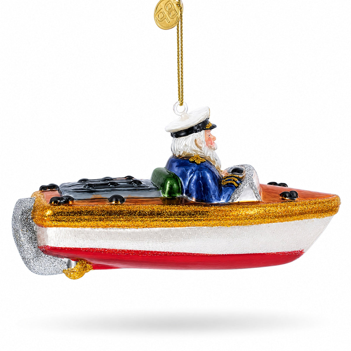Captain Santa on a Boat Glass Christmas Ornament