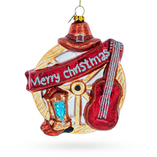 a christmas ornament with a cowboy hat and guitar
