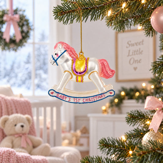 Vintage Pink and White Rocking Horse Glass Christmas Ornament