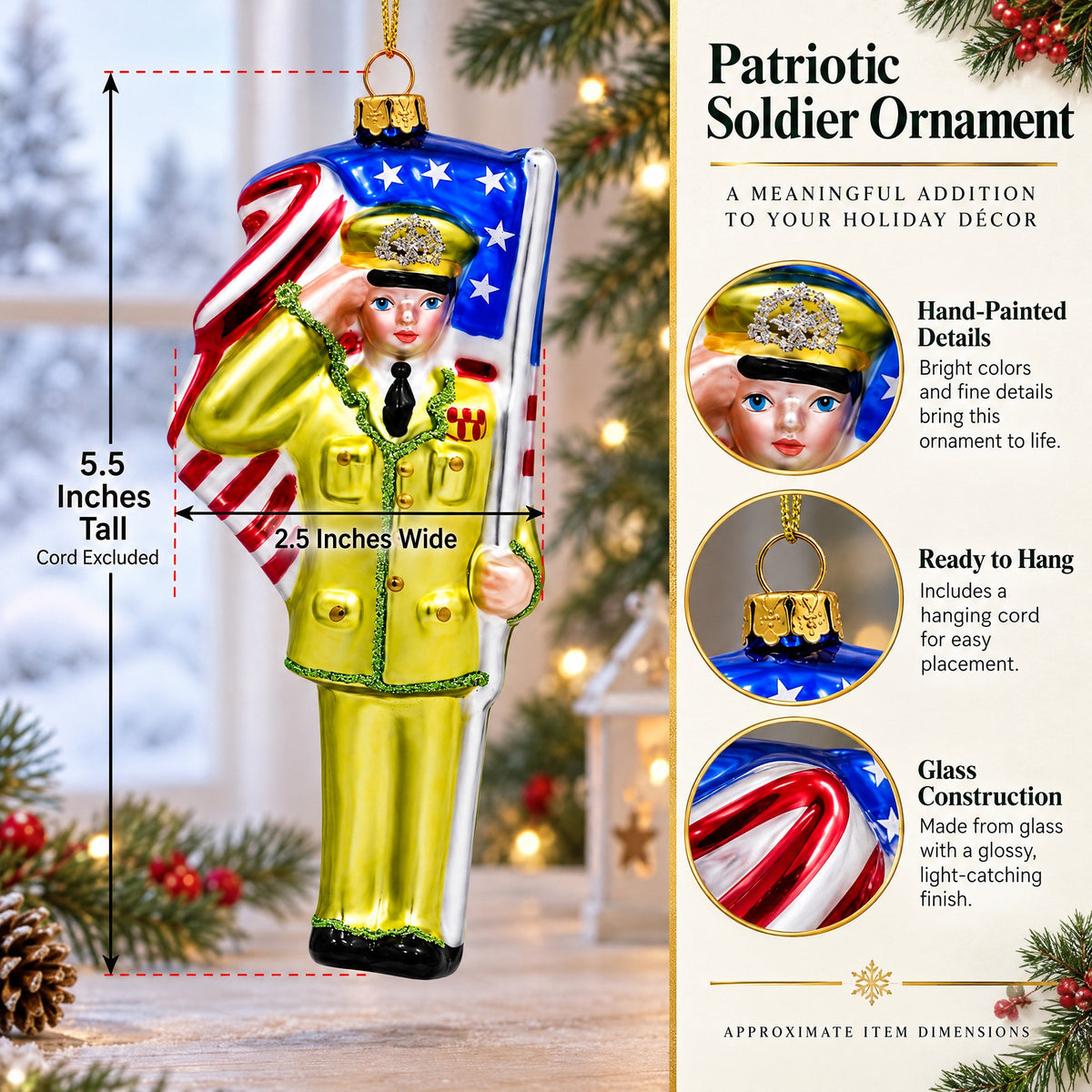 Patriotic Soldier with American Flag Glass Christmas Ornament