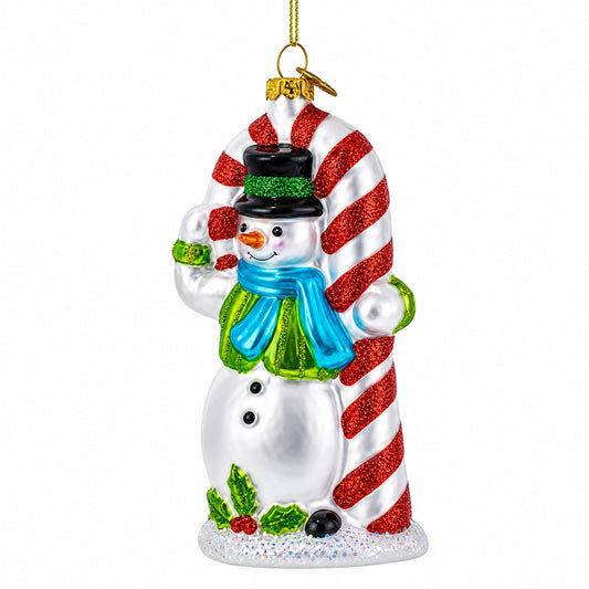 Snowman with the Mint Candy Cane Glass Christmas Ornament