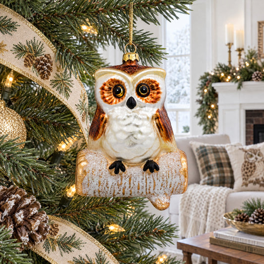 Wise Owl Sitting on a Branch Glass Christmas Ornament