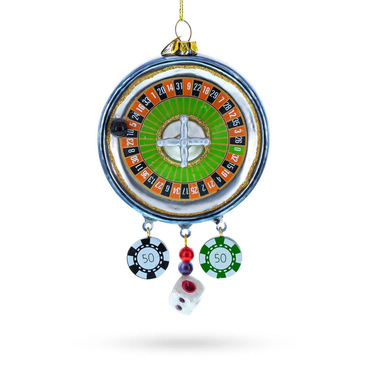a christmas tree decoration with a roulette wheel and dice