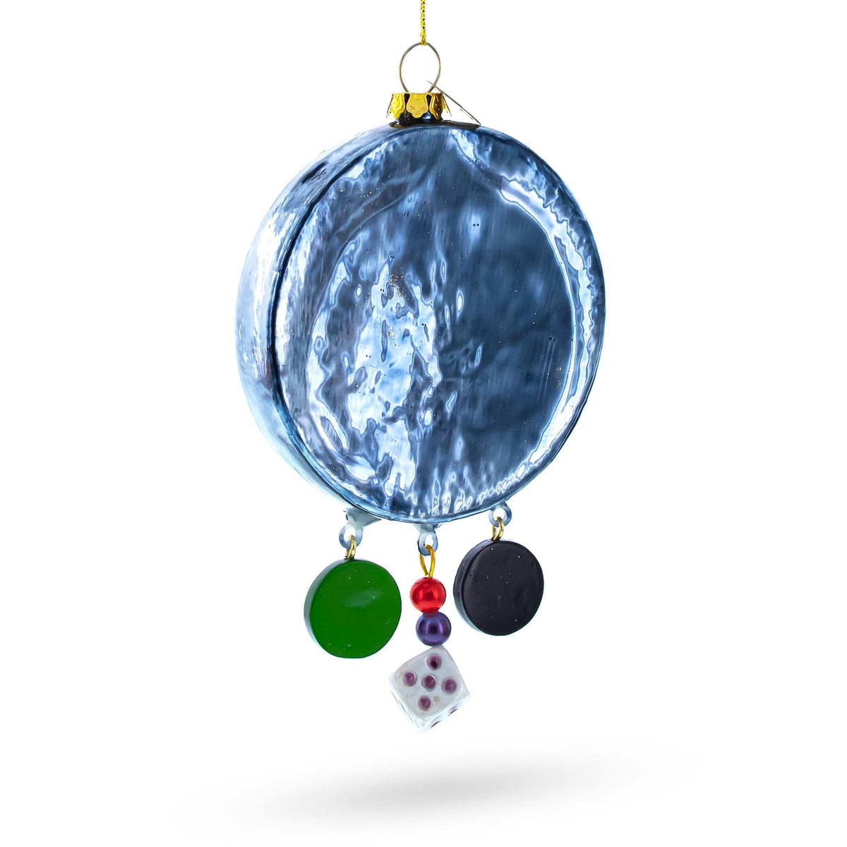 a blue round object with multicolored beads and dice