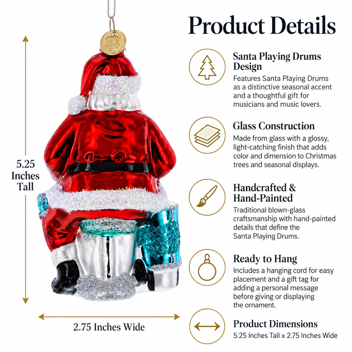 Santa Playing Drums Glass Christmas Ornament