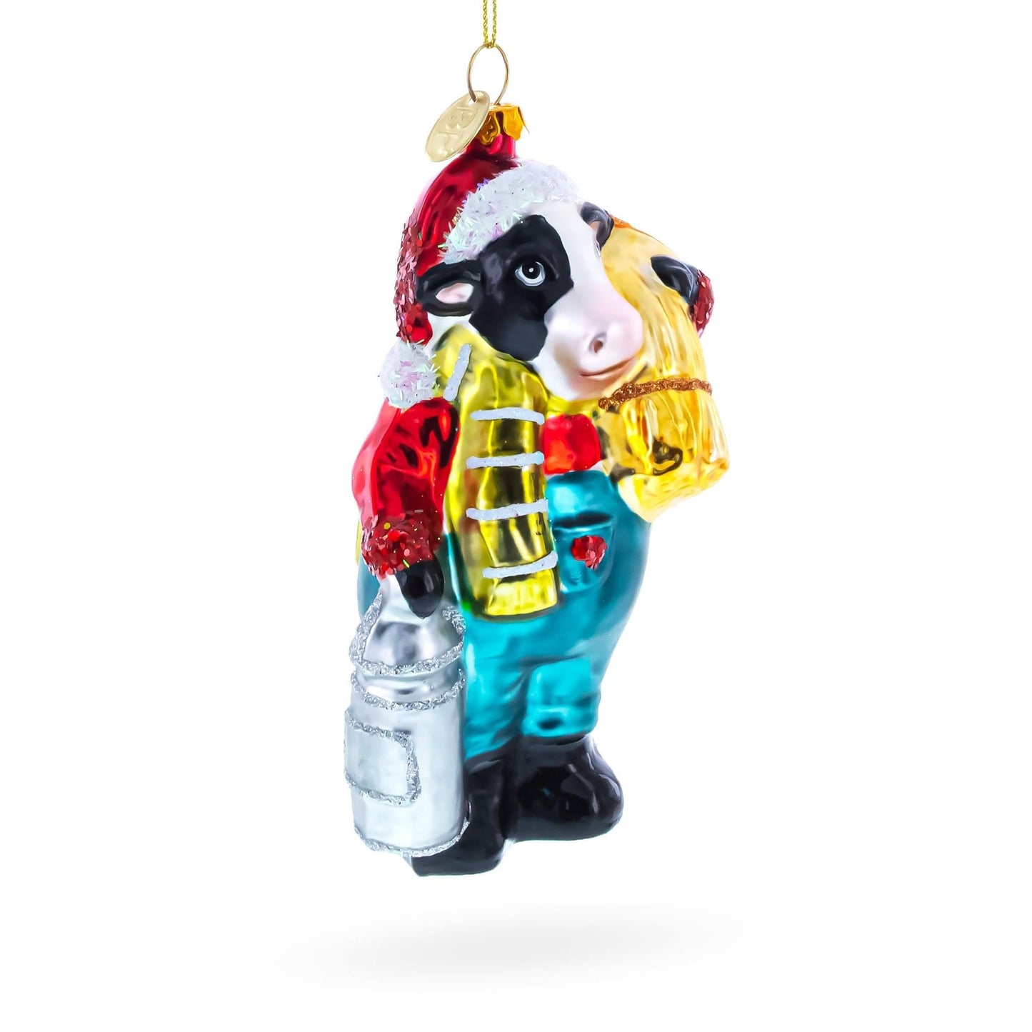 Cow Carrying Milk Jug Glass Christmas Ornament