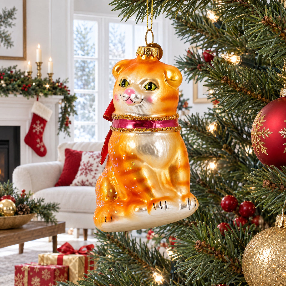 Cat with Red Scarf Glass Christmas Ornament