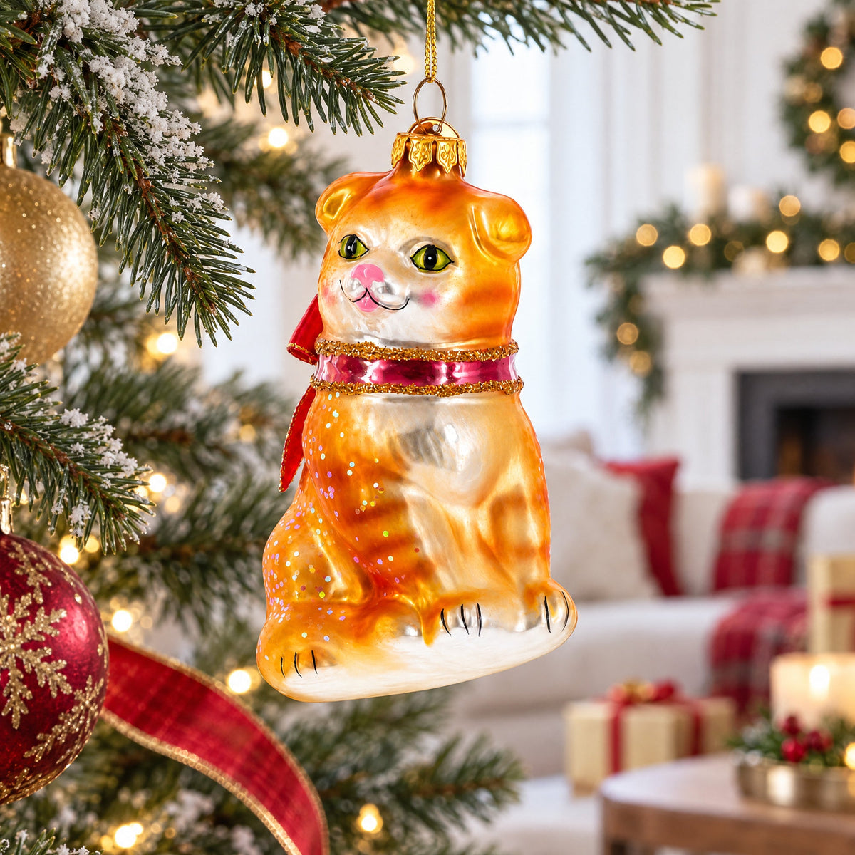 Glittered Orange Cat Glass Christmas Ornament