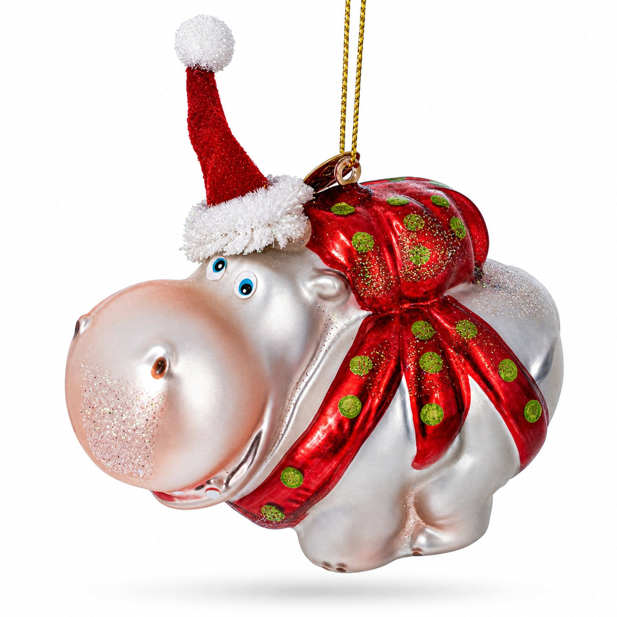 Hippo in Santa Hat Glass Christmas Ornament