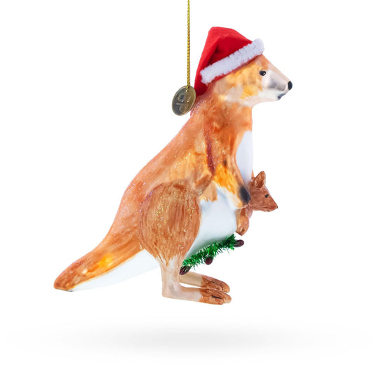 a christmas ornament with a kangaroo wearing a santa hat
