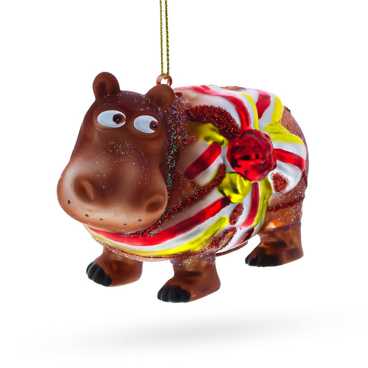 Hippo with Candy Stripe Bow and Ribbon Glass Christmas Ornament