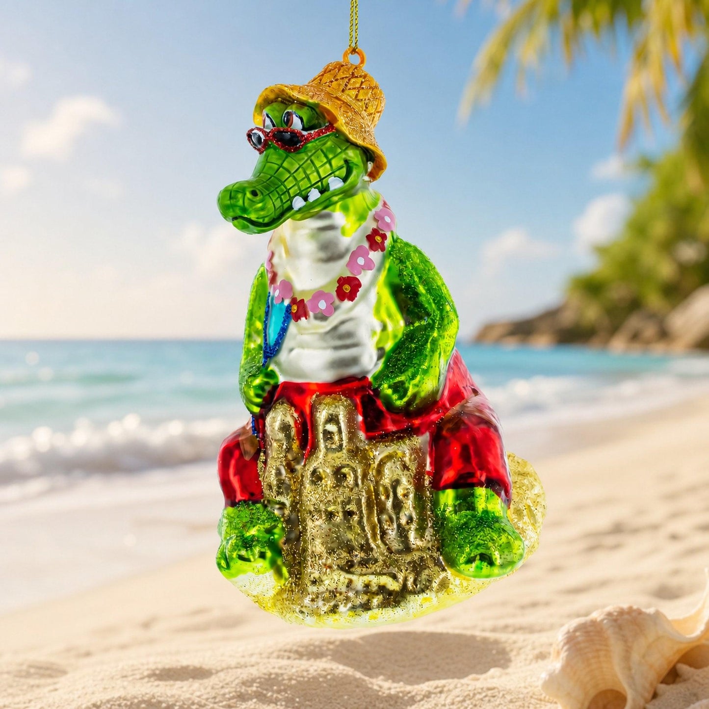 Alligator Relaxing on the Beach Glass Christmas Ornament