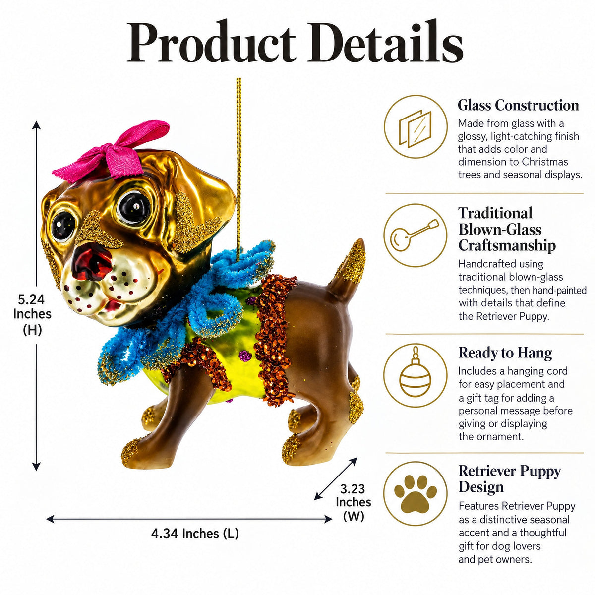 Retriever Puppy Glass Christmas Ornament