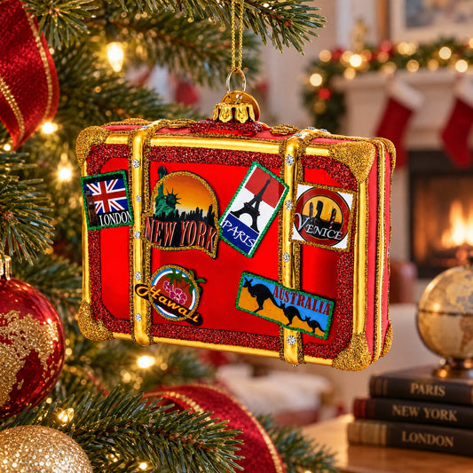 Well-Traveled Suitcase Glass Christmas Ornament