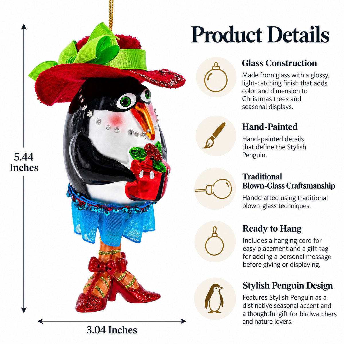 Stylish Penguin Glass Christmas Ornament