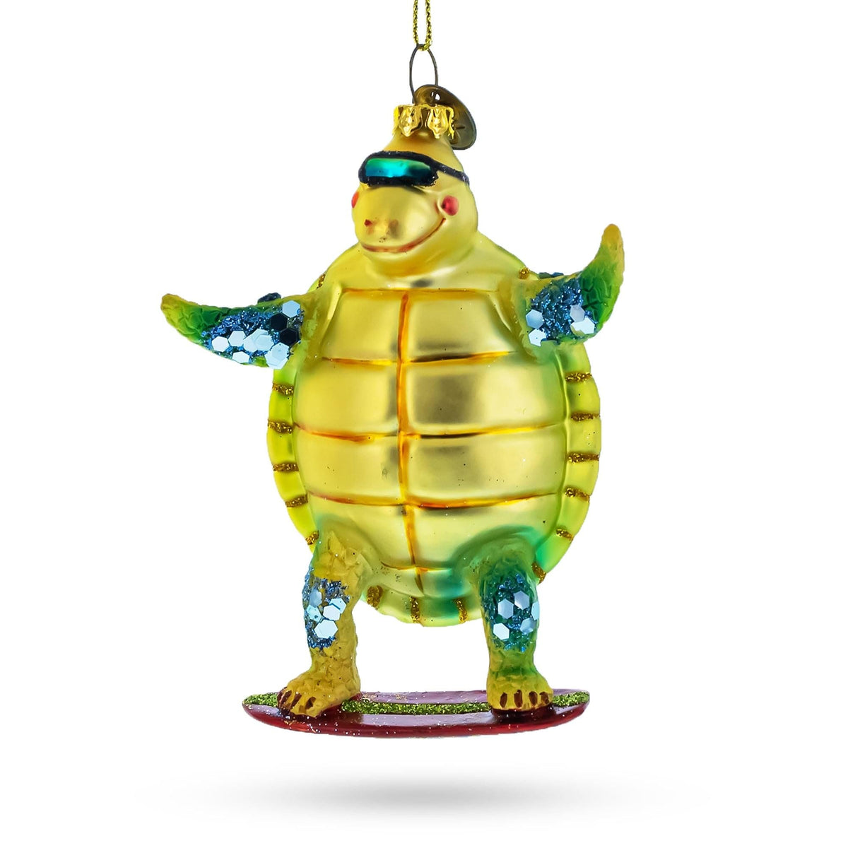 Turtle Surfing Glass Christmas Ornament
