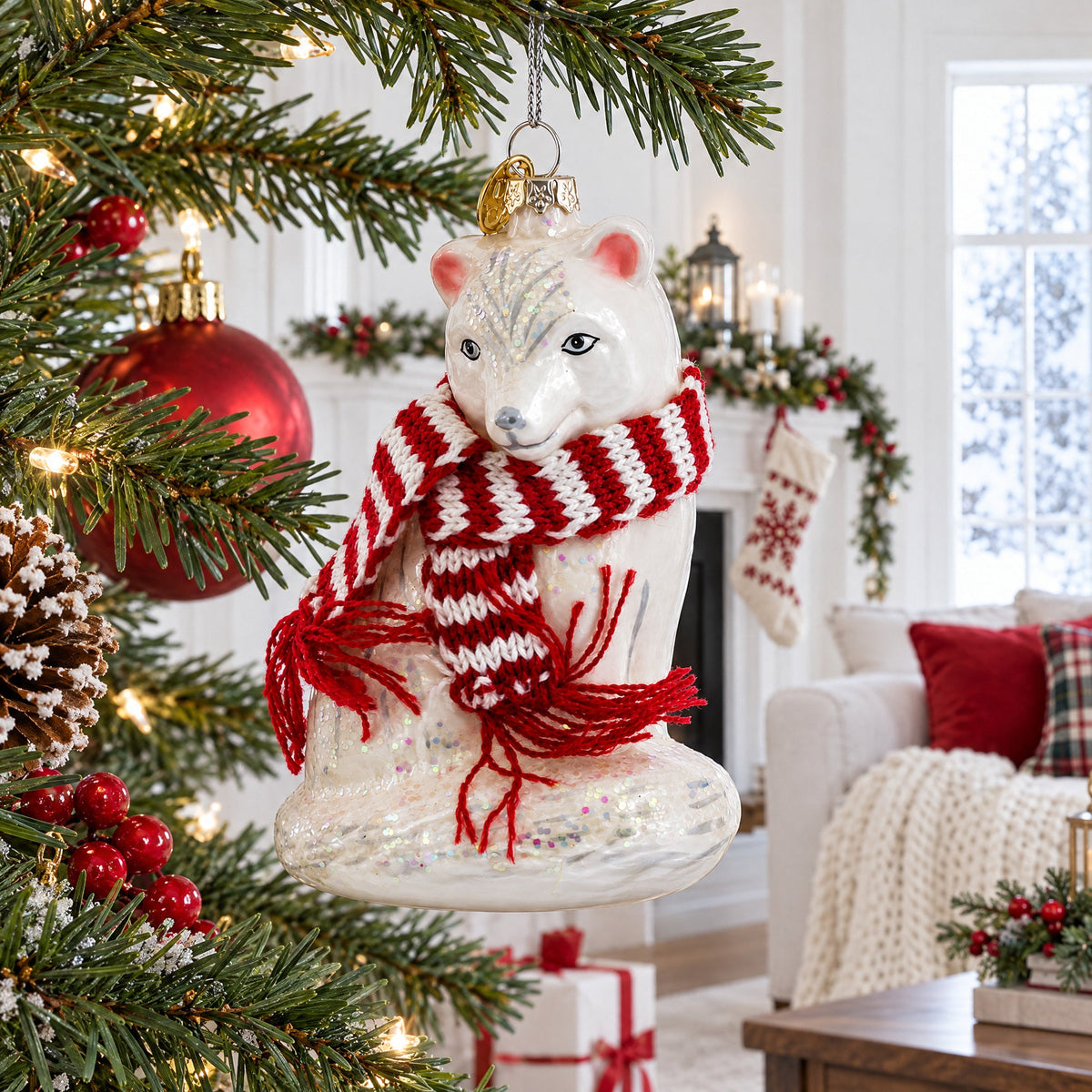 Arctic Fox with Scarf Glass Christmas Ornament