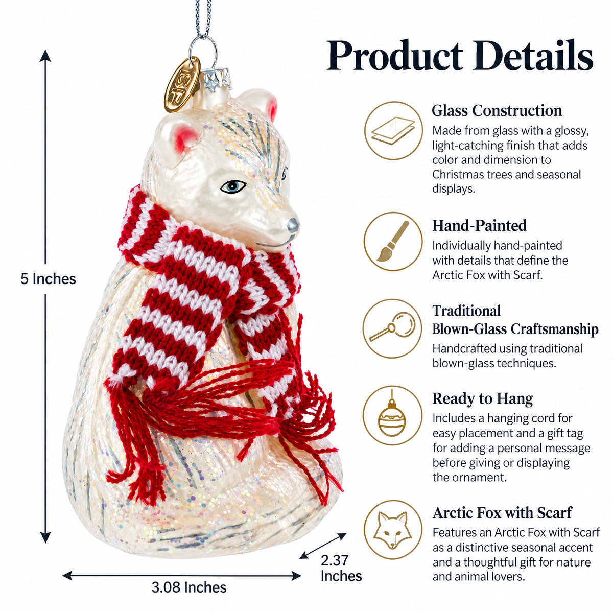 Arctic Fox with Scarf Glass Christmas Ornament