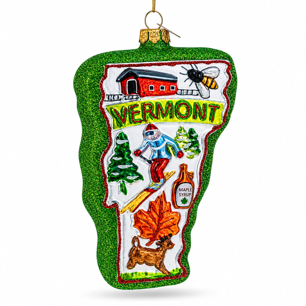 State of Vermont Symbols, USA Glass Christmas Ornament