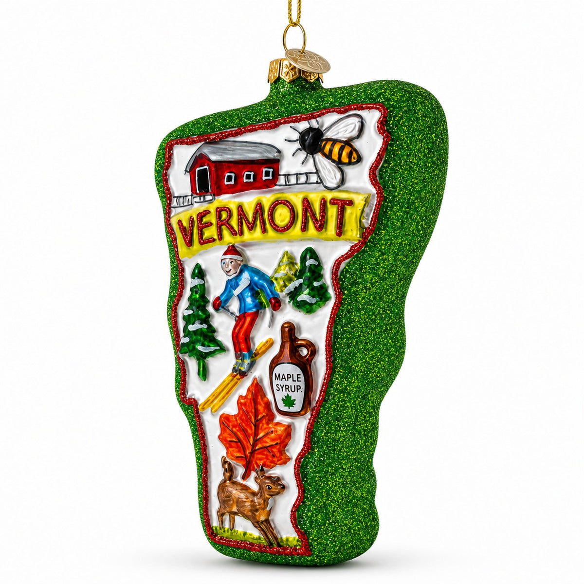 State of Vermont Symbols, USA Glass Christmas Ornament