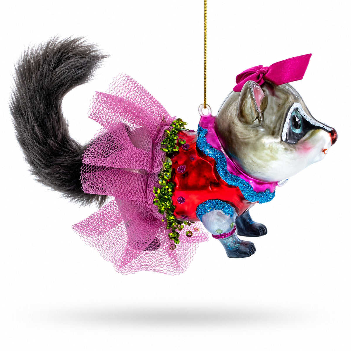 Raccoon in Dress Glass Christmas Ornament