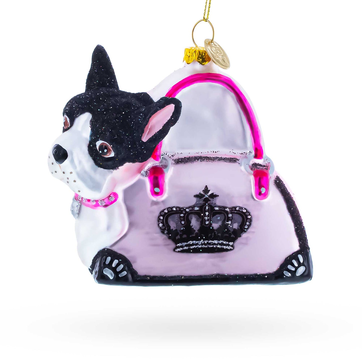 Boston Terrier in Pink Handbag Glass Christmas Ornament