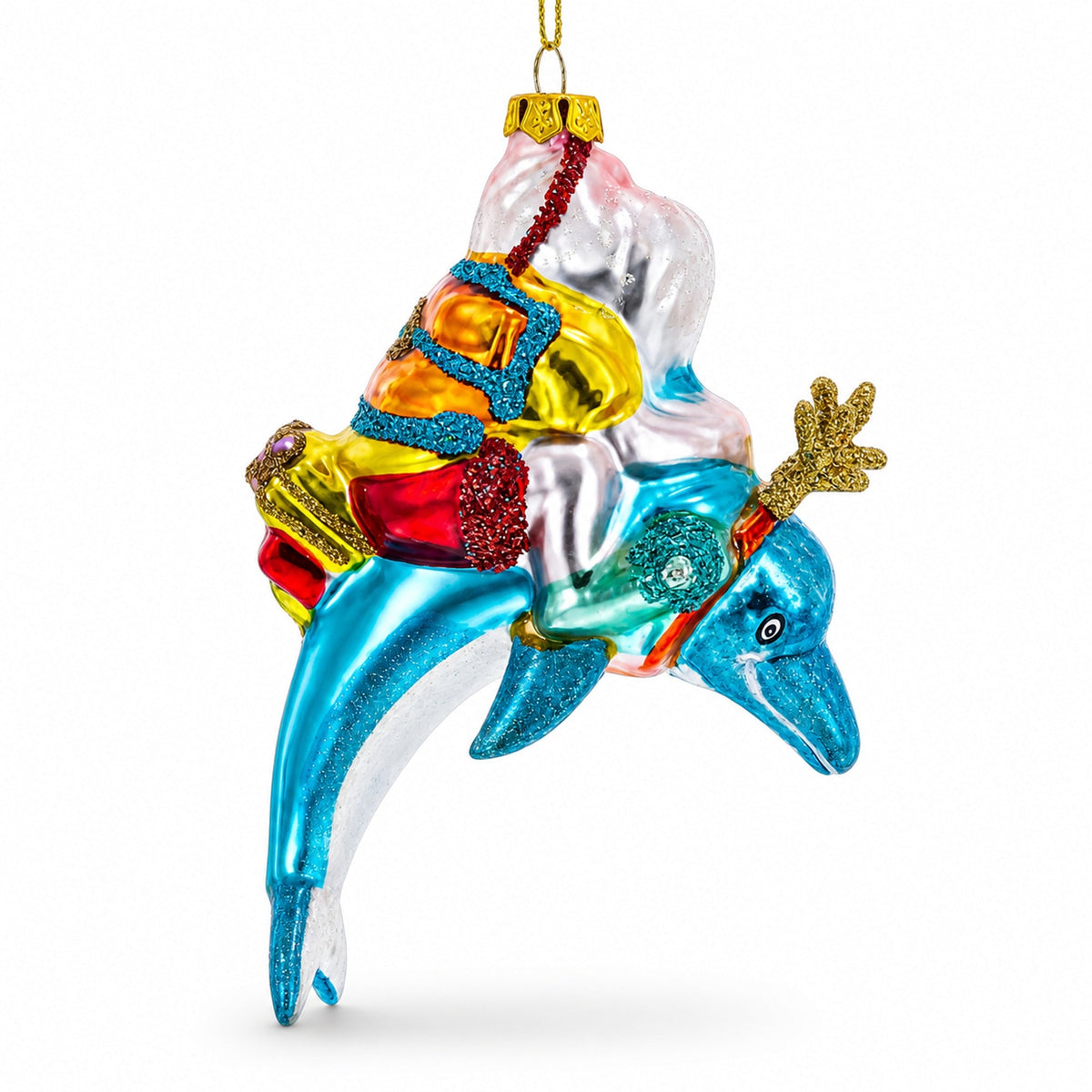 Santa Diver Riding Dolphin Glass Christmas Ornament