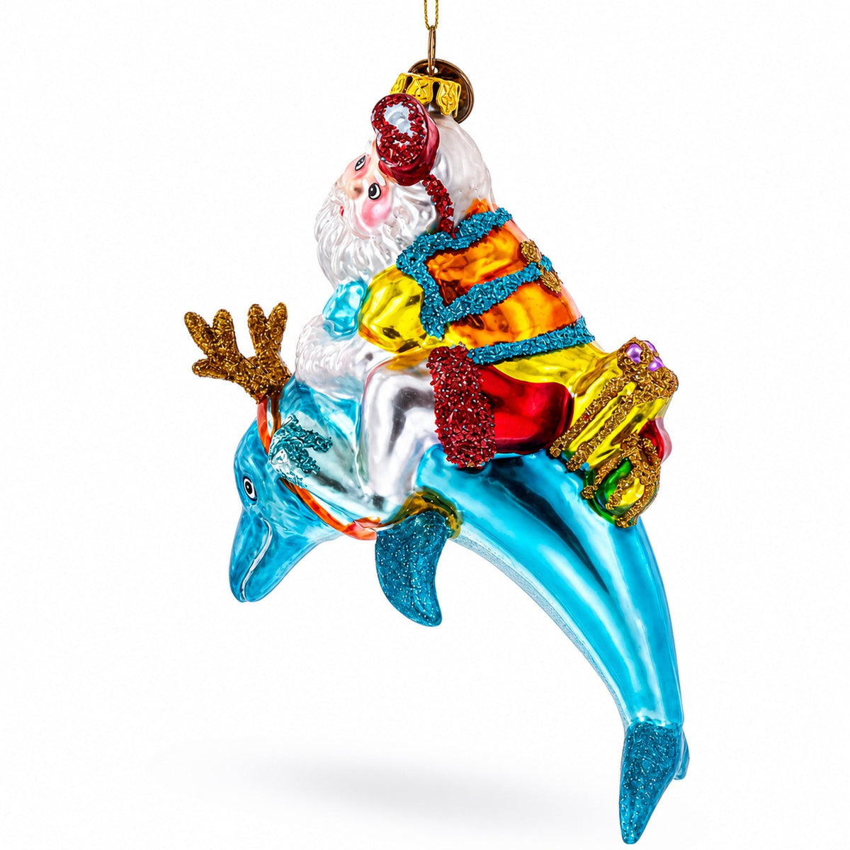 Santa Diver Riding Dolphin Glass Christmas Ornament