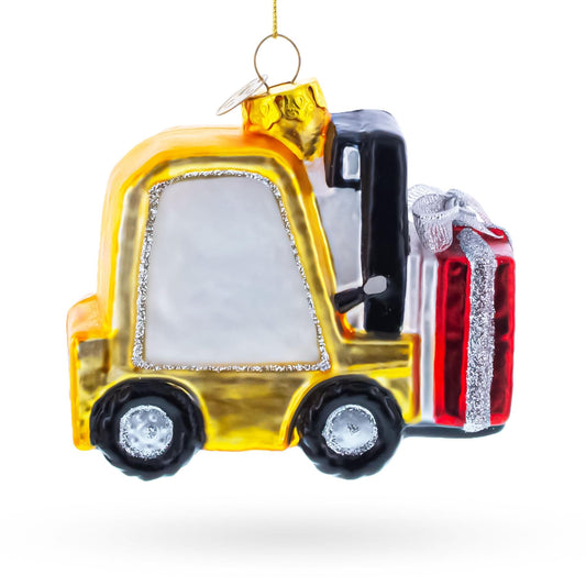a christmas ornament of a forklift