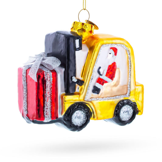 a christmas ornament with a forklift