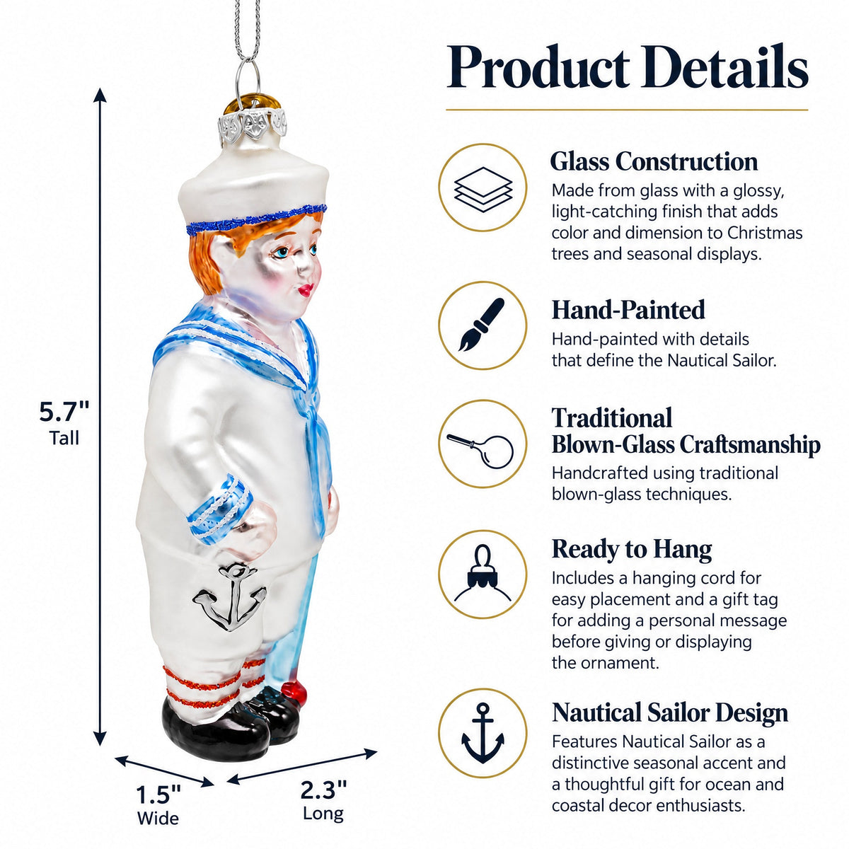 Nautical Sailor Glass Christmas Ornament
