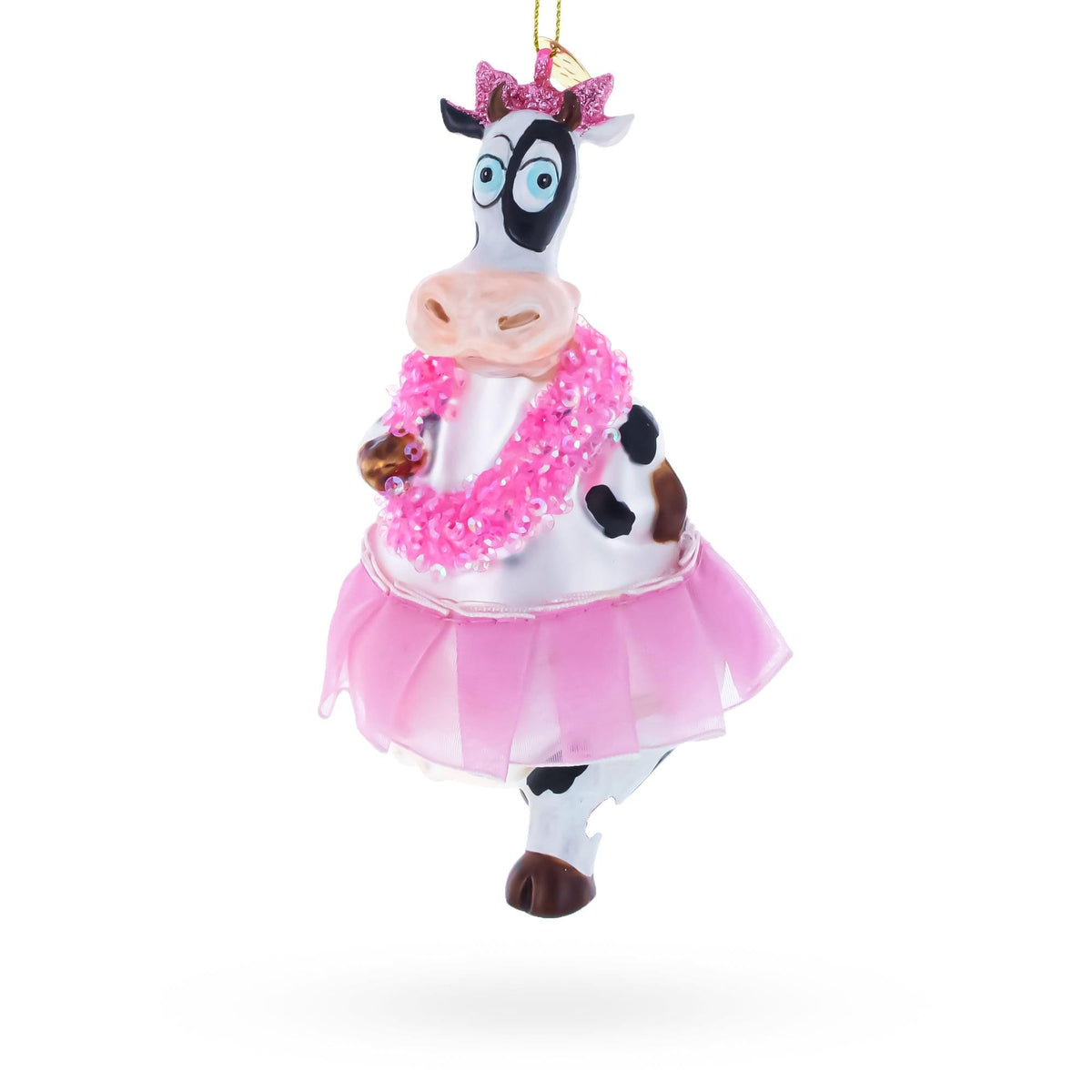 Dancing Cow in Pink Glass Christmas Ornament
