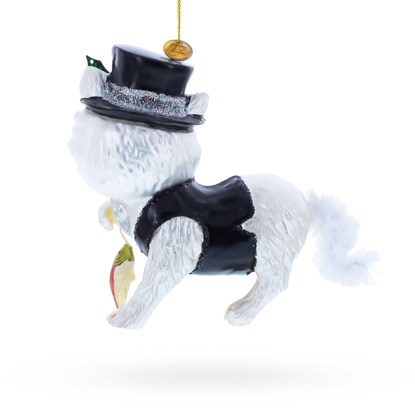 Cat in Black Costume Holding Fish Glass Christmas Ornament