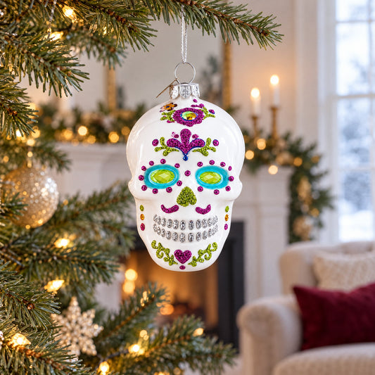 White Skull Glass Christmas Ornament