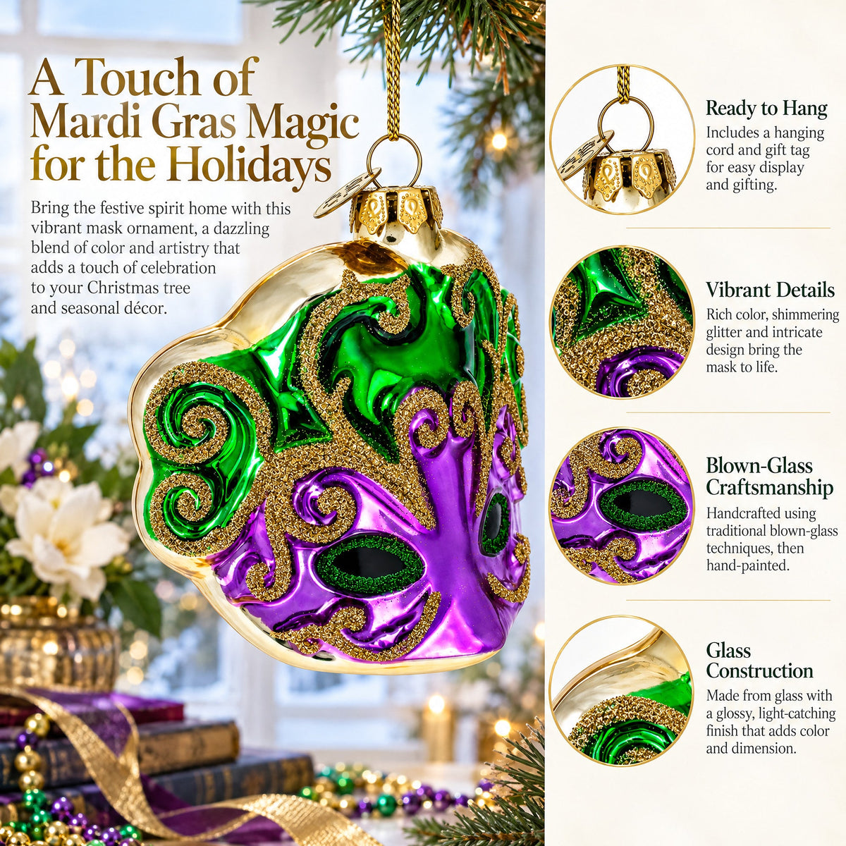 Purple Mask Glass Christmas Ornament
