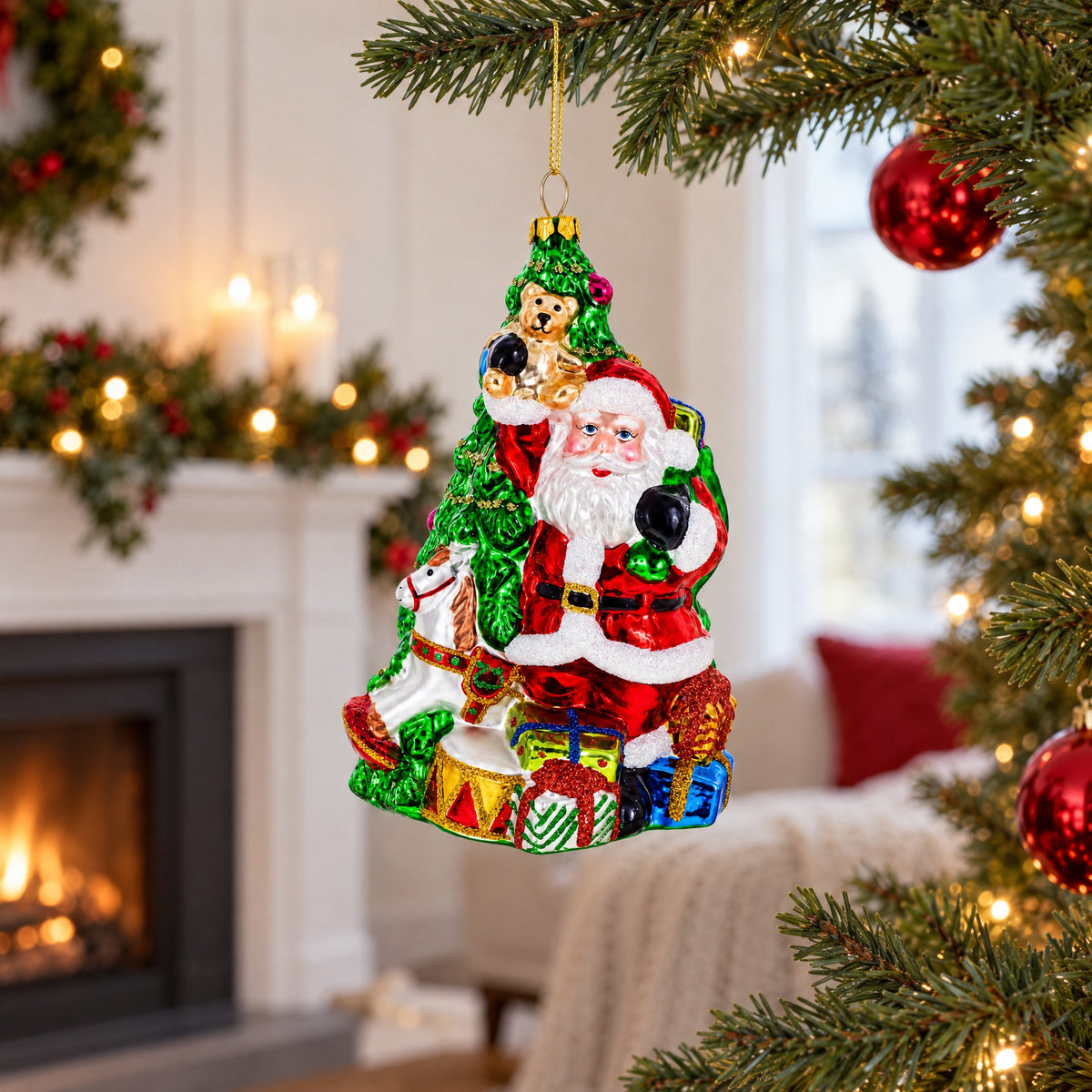 Santa’s Toyland Under the Tree Glass Christmas Ornament