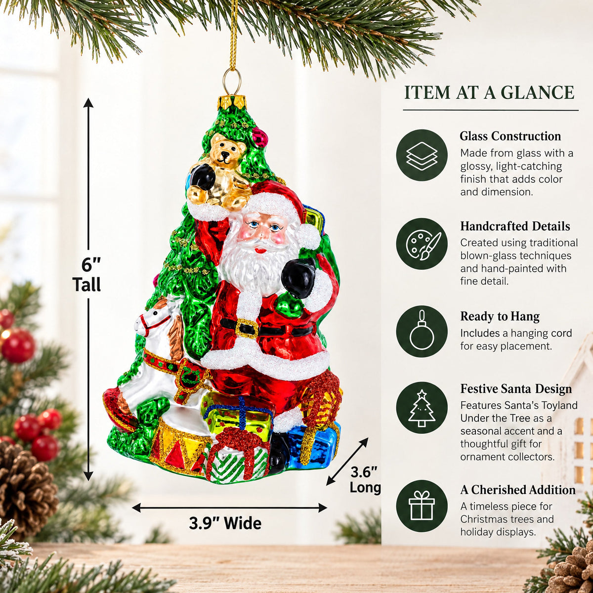 Santa’s Toyland Under the Tree Glass Christmas Ornament