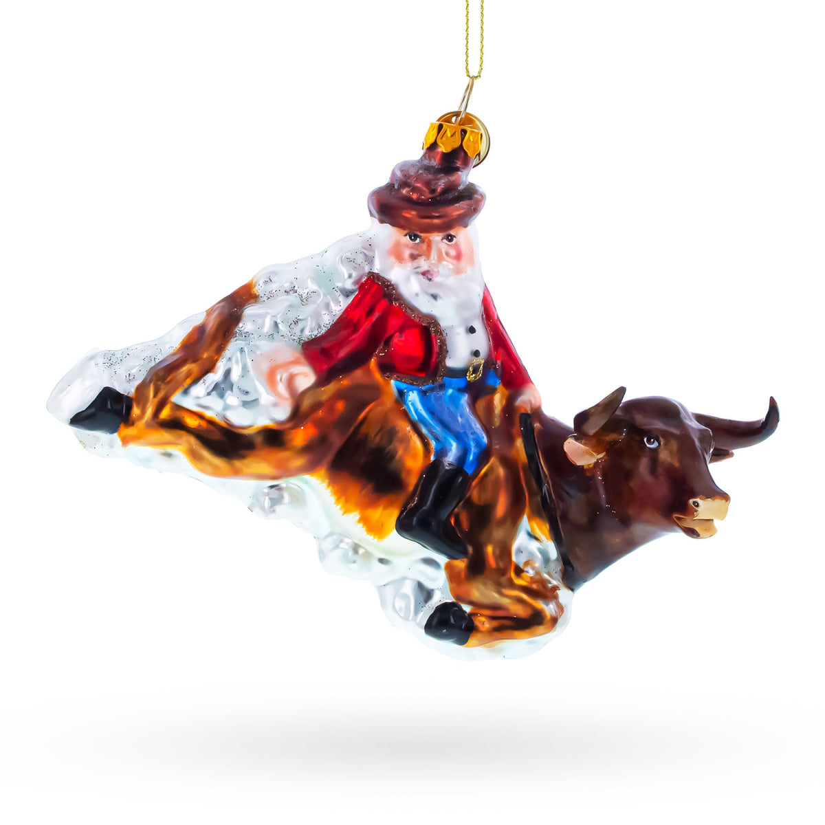 Cowboy Santa Riding Bull Western Rodeo Glass Christmas Ornament