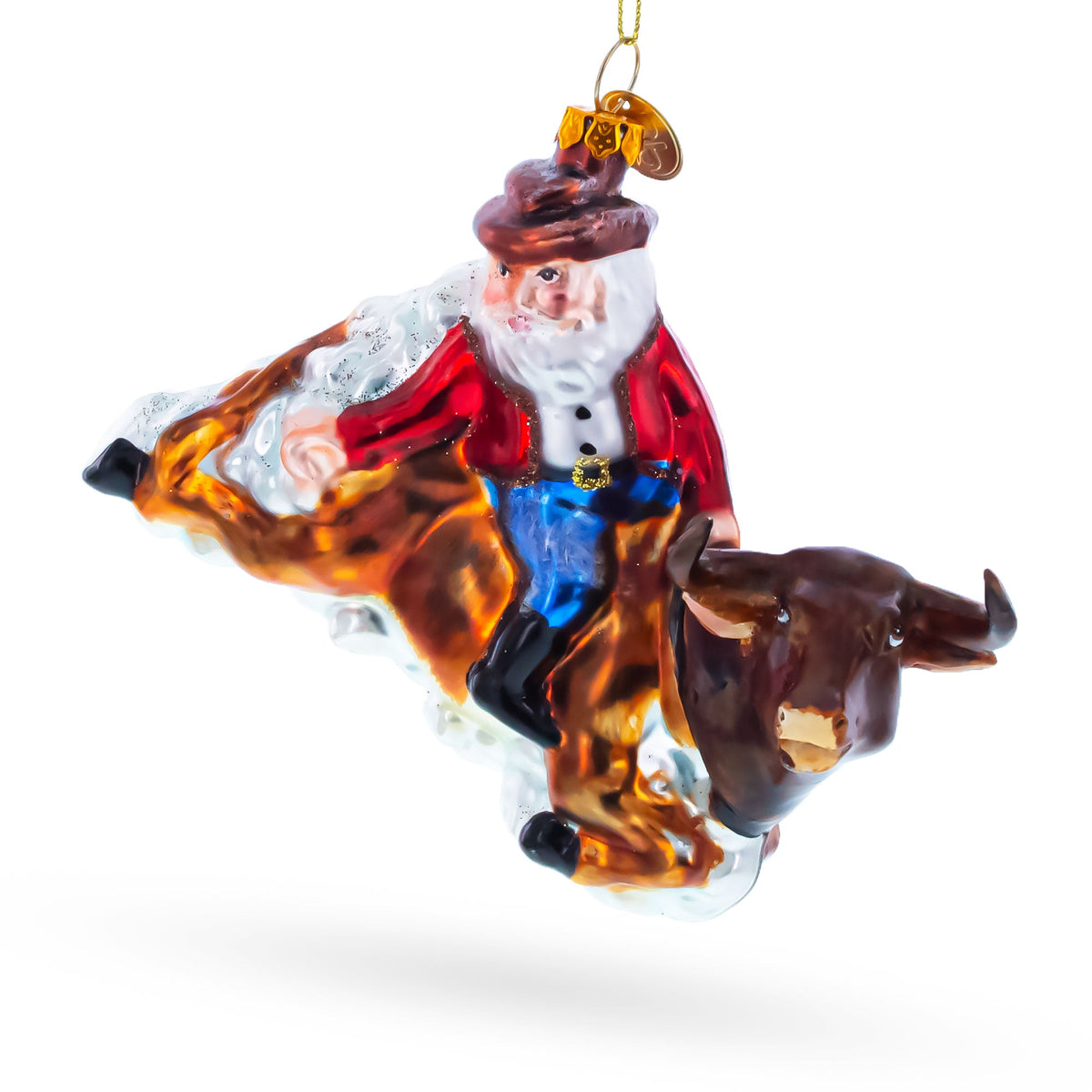 Cowboy Santa Riding Bull Western Rodeo Glass Christmas Ornament