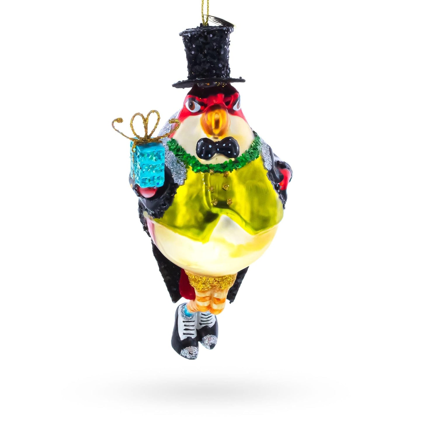 Penguin in Black Hat Glass Christmas Ornament