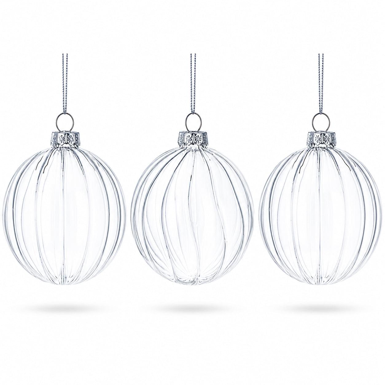 Elegant Set of 3 Striped Clear Glass Ball Christmas Ornaments 3.5 Inches