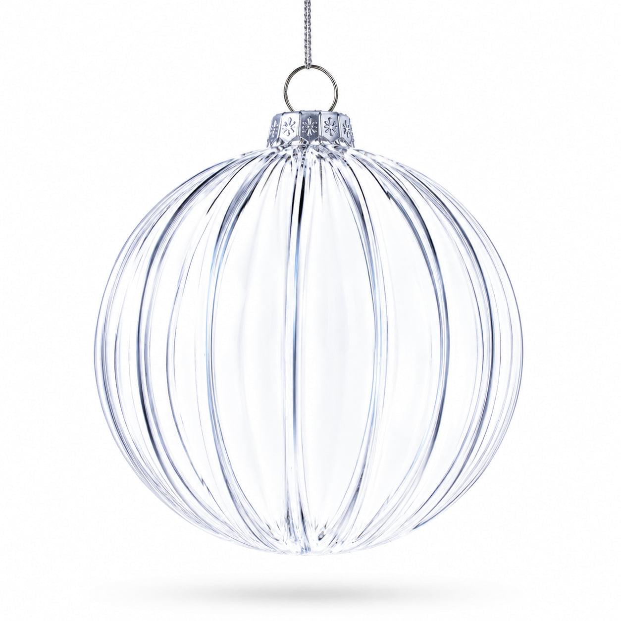 Elegant Set of 3 Striped Clear Glass Ball Christmas Ornaments 3.5 Inches