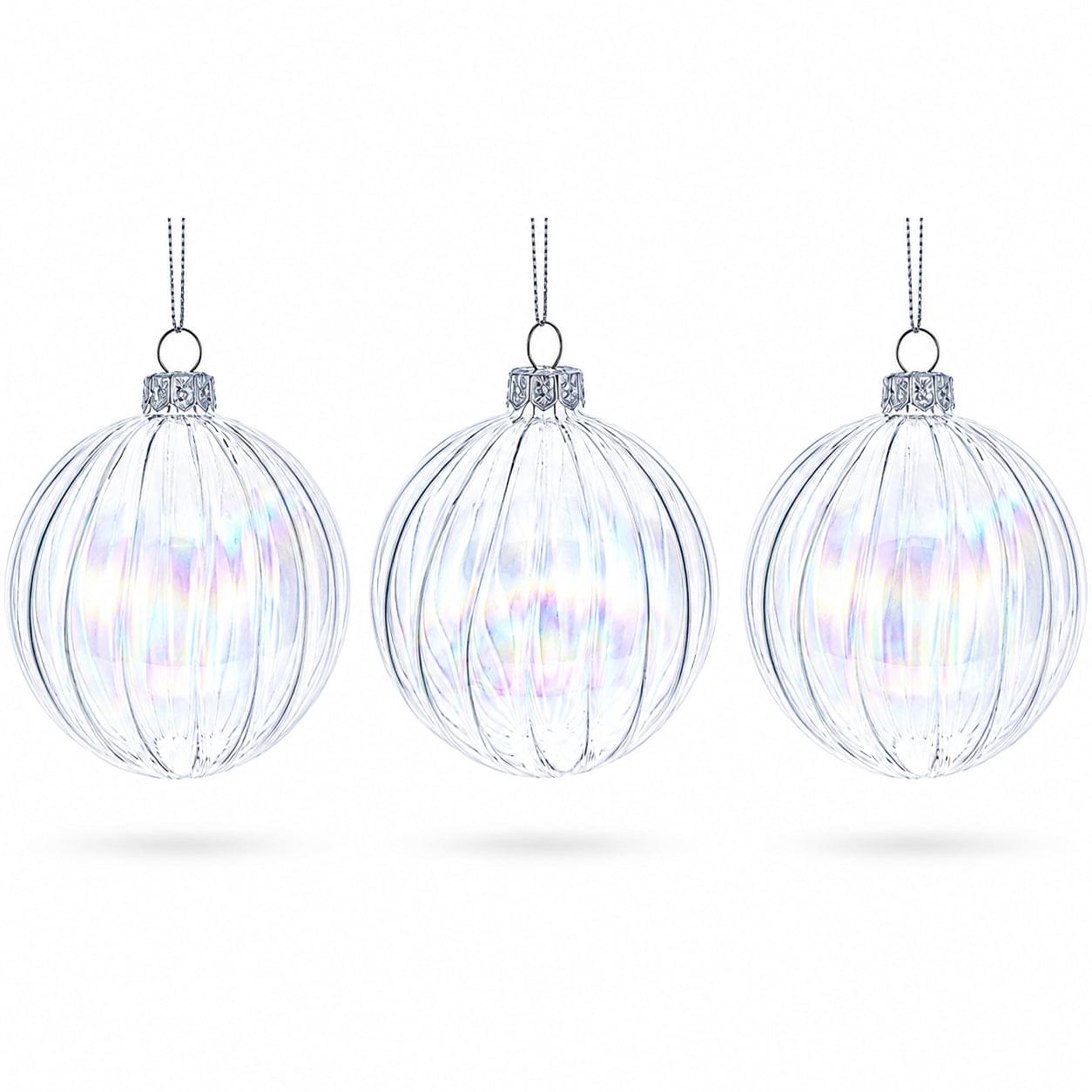 Set of 3 Iridescent Clear Glass Ball Christmas Ornaments 3.6 Inches