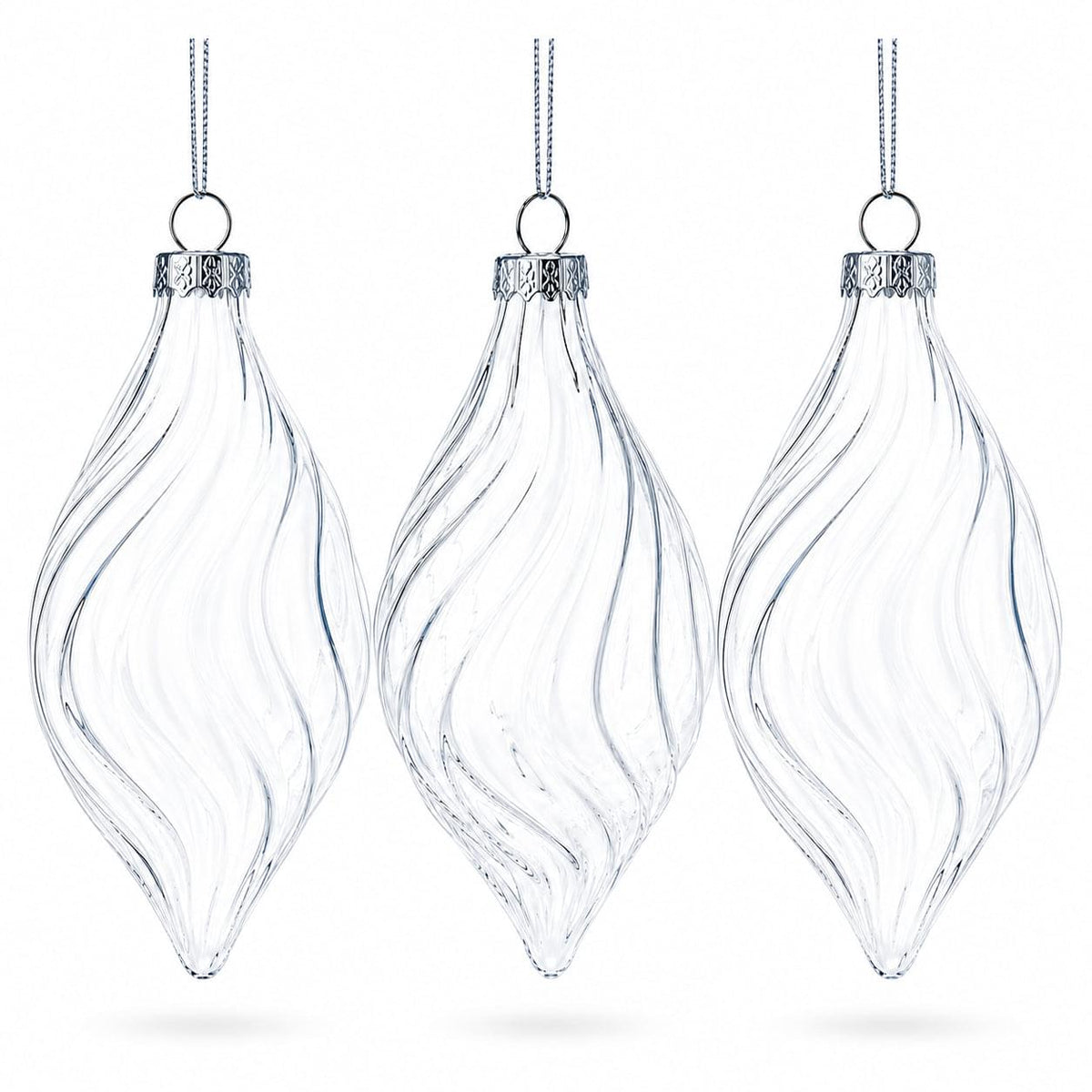 Set of 3 Clear Glass Swirl Christmas Ornaments 5.8 Inches